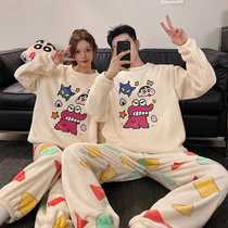 Autumn and winter rice velvet couple pajamas cartoon cute round neck long-sleeved trousers two-piece set warm couple home clothes