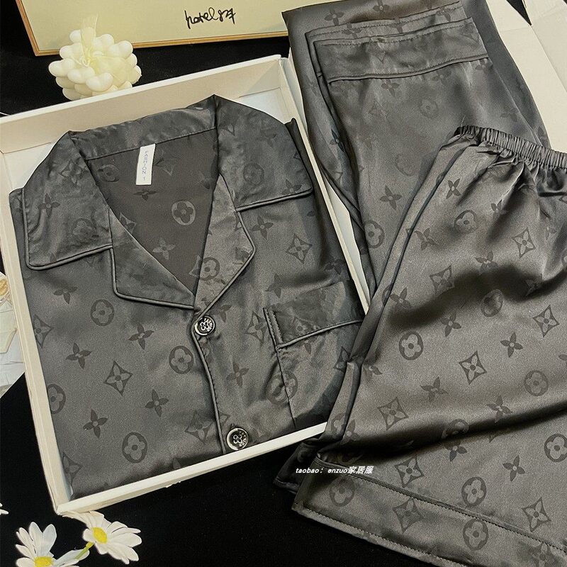 Suitable for Lvаfgн Cool Men's Pajamas, Summer Short-Sleeved Shorts and Long Pants Three-Piece Set, Black, High-End Feel, Lightweight