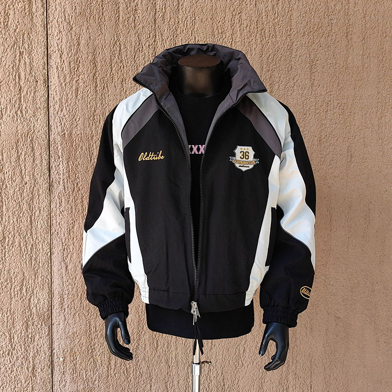 Retro Color-Block Stand-Collar Zip-Up Jacket for Men, Embroidered Loose-Fitting Campus-Style Baseball Jacket, Autumn American Fashion Brand
