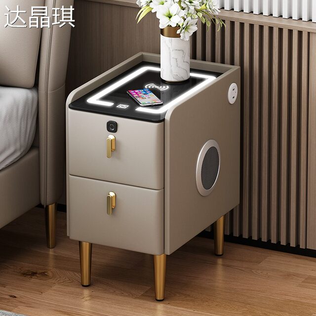 All-Solid Wood Slate Leather Minimalist Modern Mini Bedside Table Bedroom Smart Trendy Light Luxury Ultra-Narrow Bedside Cabinet with Bed Cover and Pull-Out Drawer