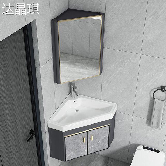 Triangular Bathroom Cabinet Set, Corner Washbasin for Small Bathrooms, Balcony Washbasin, Wall-Mounted Washbasin, Fitted Sheet, Rolling Cart