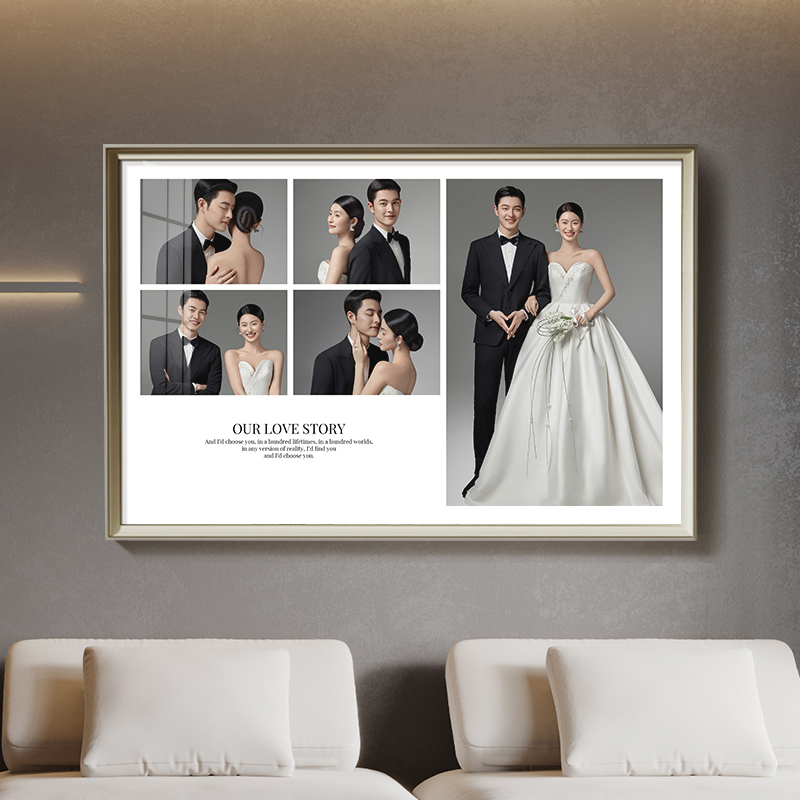 Wedding Photo Frame, Enlarged, Wall-Mounted, No Drilling Required, Includes Printing and Photo Processing, Family Portrait, Multi-Grid, High-End Feel