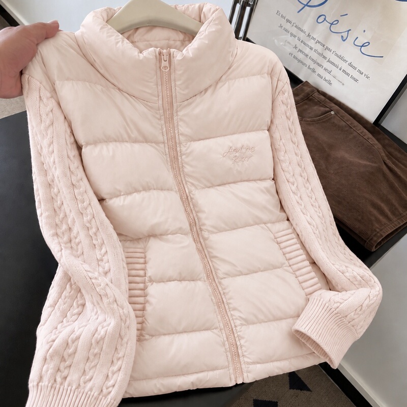 Light Pink Stylish Lightweight Warm Stand-Collar Knitted Cotton Jacket for Women, Autumn and Winter Dopamine Sweet Loose Cotton Coat
