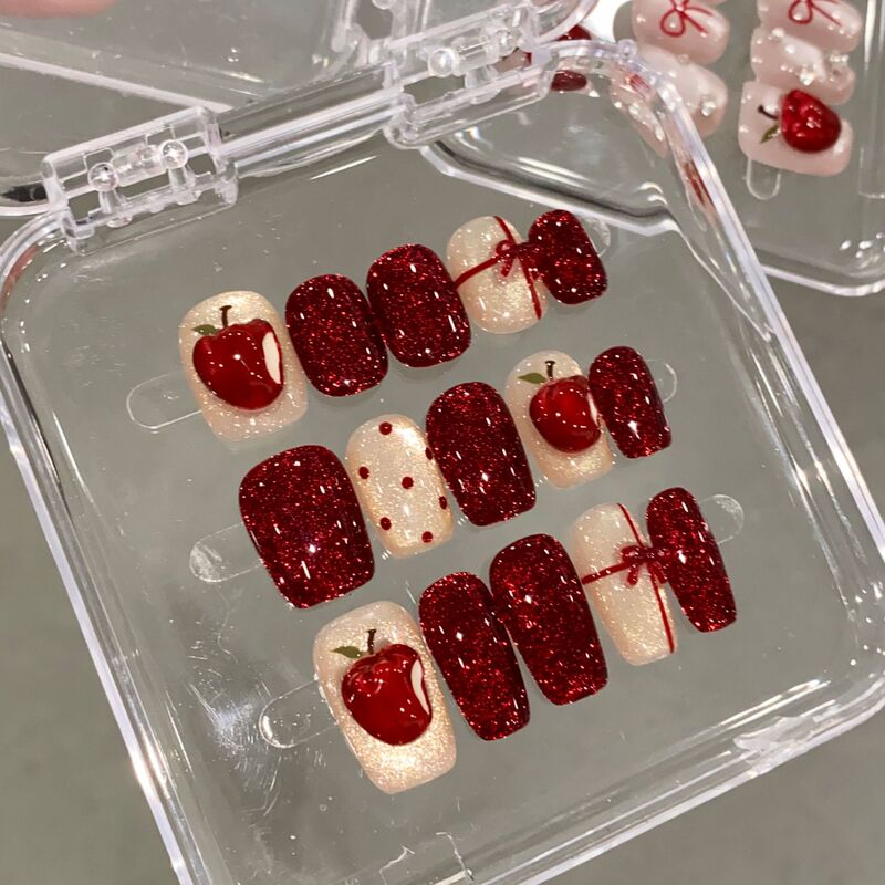 Handmade Nails 2024 Autumn/Winter High-End Wine Red Christmas Cat Eye Butterfly Rhinestone Sparkling Whitening Manicure