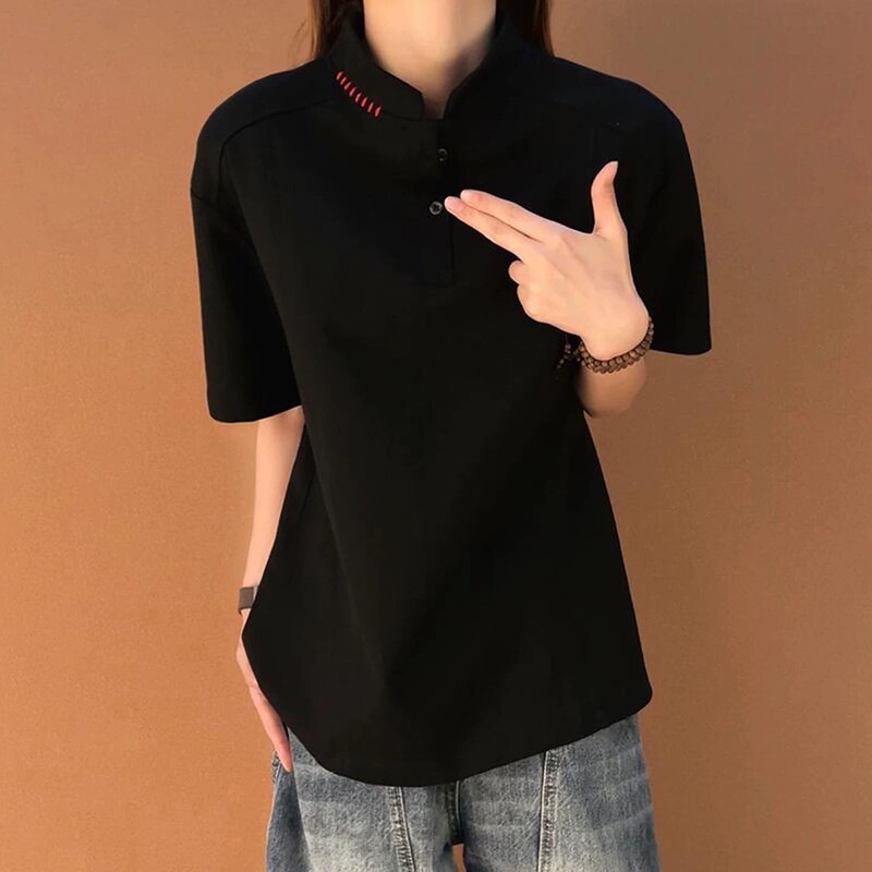 Black American-Style Henry Collar Short-Sleeve Polo Shirt for Men and Women, Summer Design with Embroidered T-Shirt, Regular Shoulder, Couple Half-Sleeve Black American-Style Henry Collar Short-Sleeve Polo Shirt for Men and Women, Summer Design with Embroidered T-Shirt, Regular Shoulder, Couple Half-Sleeve