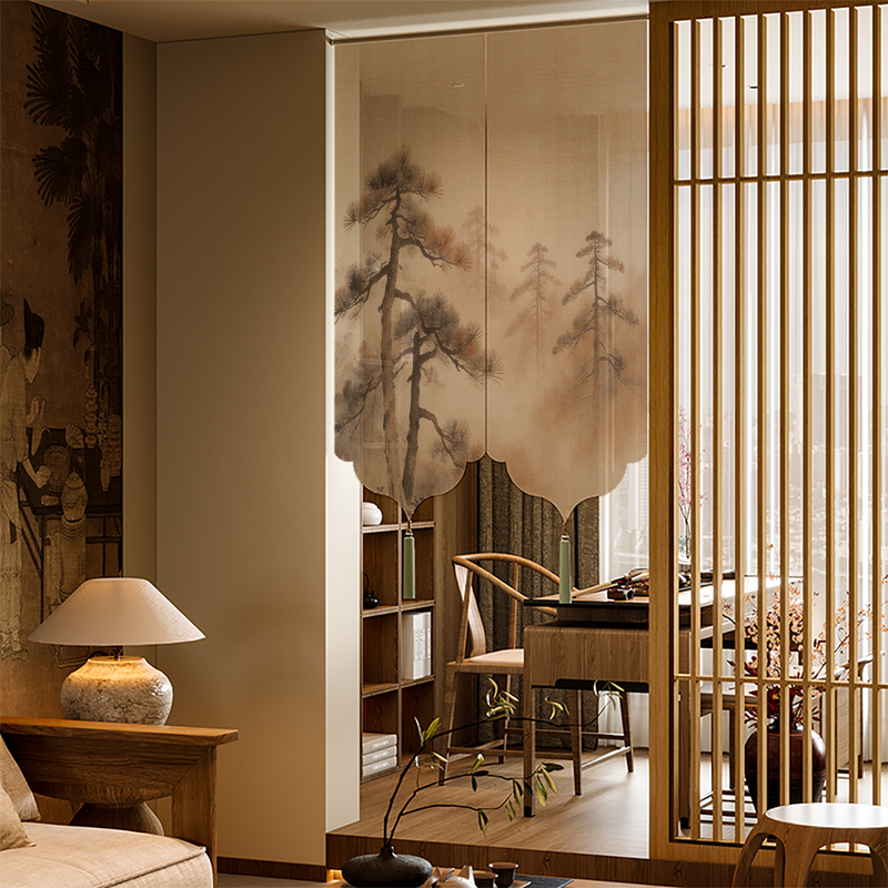 Song-Style Aesthetic Bedroom Door Curtain, Partition Curtain with a High-End Feel, Home-Use Privacy Curtain, No-Drill Zen-Inspired Decorative Curtain