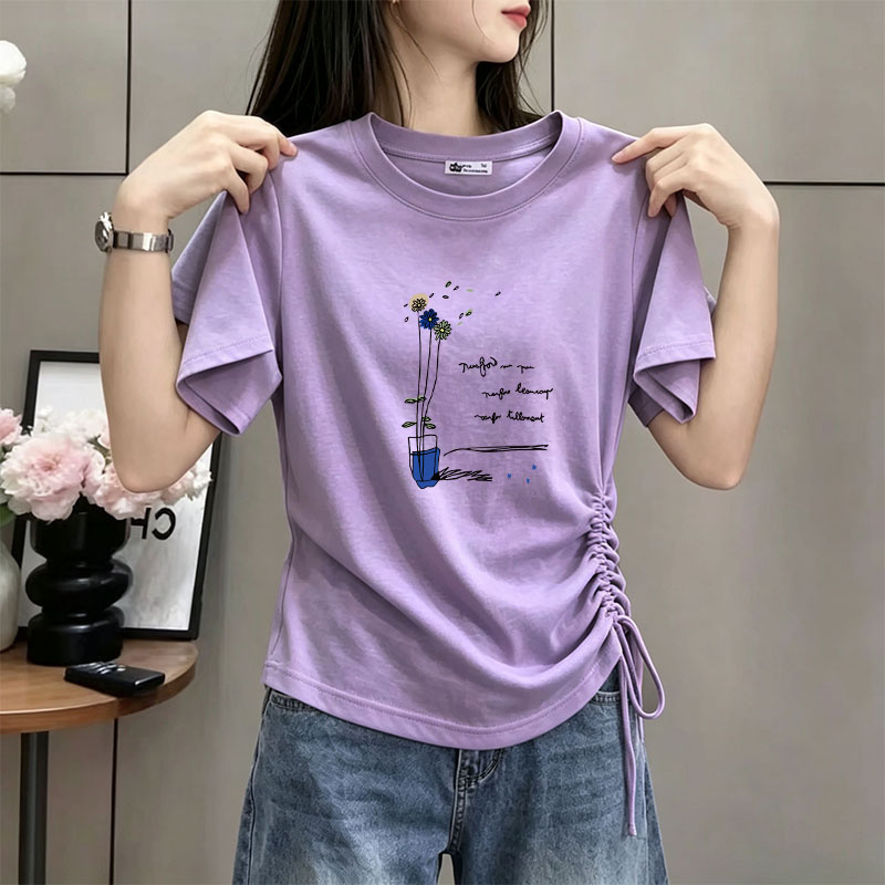 Snowflake Cotton Slightly Sheer T-Shirt for Plus-Size Women, with a Unique Design, a Sense of Sophistication, Slimming Drawstring Purple Printed Top for Summer Snowflake Cotton Slightly Sheer T-Shirt for Plus-Size Women, with a Unique Design, a Sense of Sophistication, Slimming Drawstring Purple Printed Top for Summer