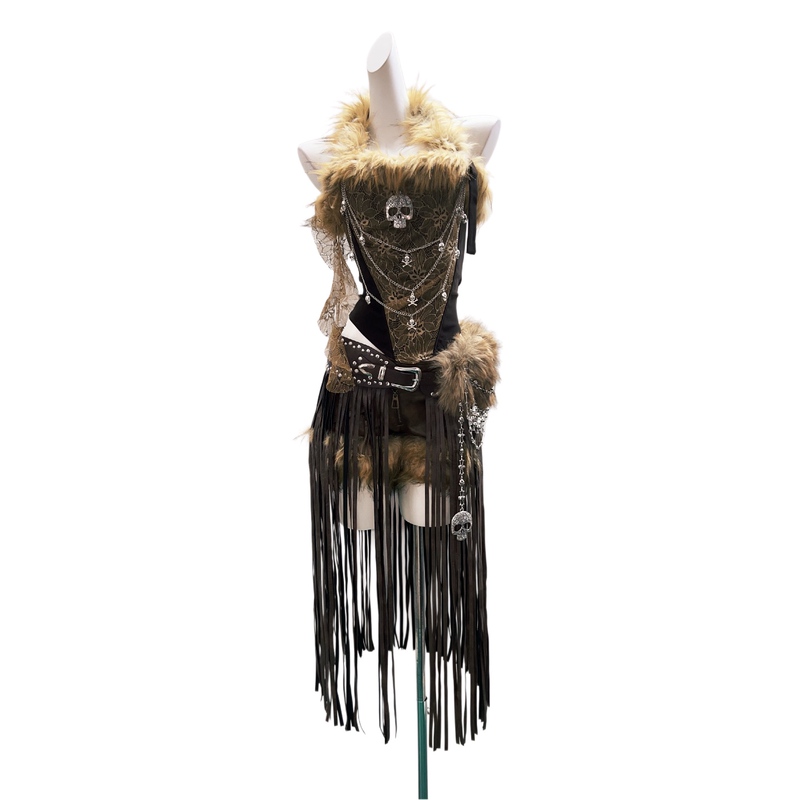 Original Halloween Skeleton Tassel Outfit Subculture Y2K Furry Skull Vest Medieval Retro Outfit