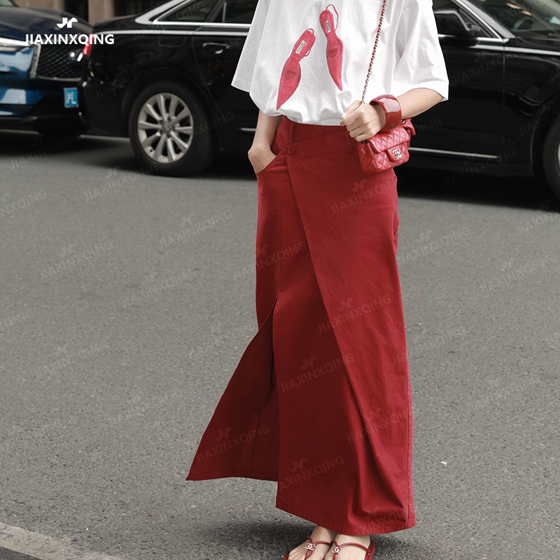 Summer New Street Style Fashionable Bias-Cut Design Side Slit Hip-Hugging Red Skirt