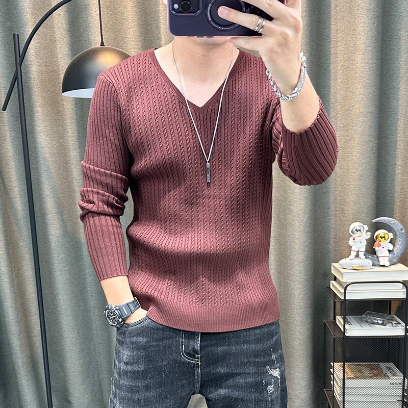 V-Neck Long-Sleeved Sweater for Men, New Autumn and Winter Elastic Slim-Fit Solid Color Knitwear, Inner Layer Base Shirt, Knit Top