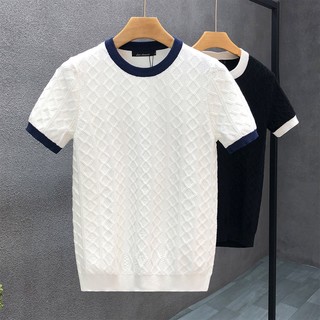 Short-sleeved sweaters for men, trendy spring and autumn inner layering shirts, 2024 winter white men's thin knitted sweaters