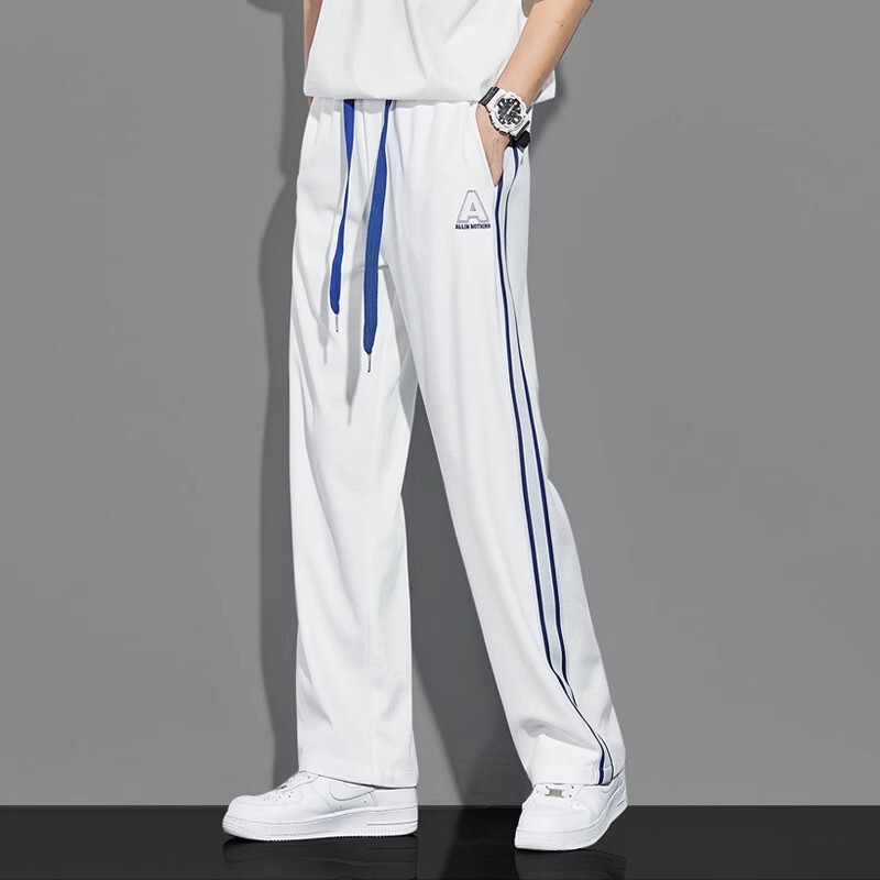 Summer White Striped Straight-Leg Casual Pants for Men, Korean Style Trendy Drapey Loose Sweatpants, Drapey Sports Wide-Leg Pants