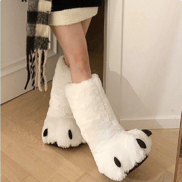 High-Top Bear Paw Furry Cotton Slippers for Women, Winter Indoor Home Plush 2023 New Model