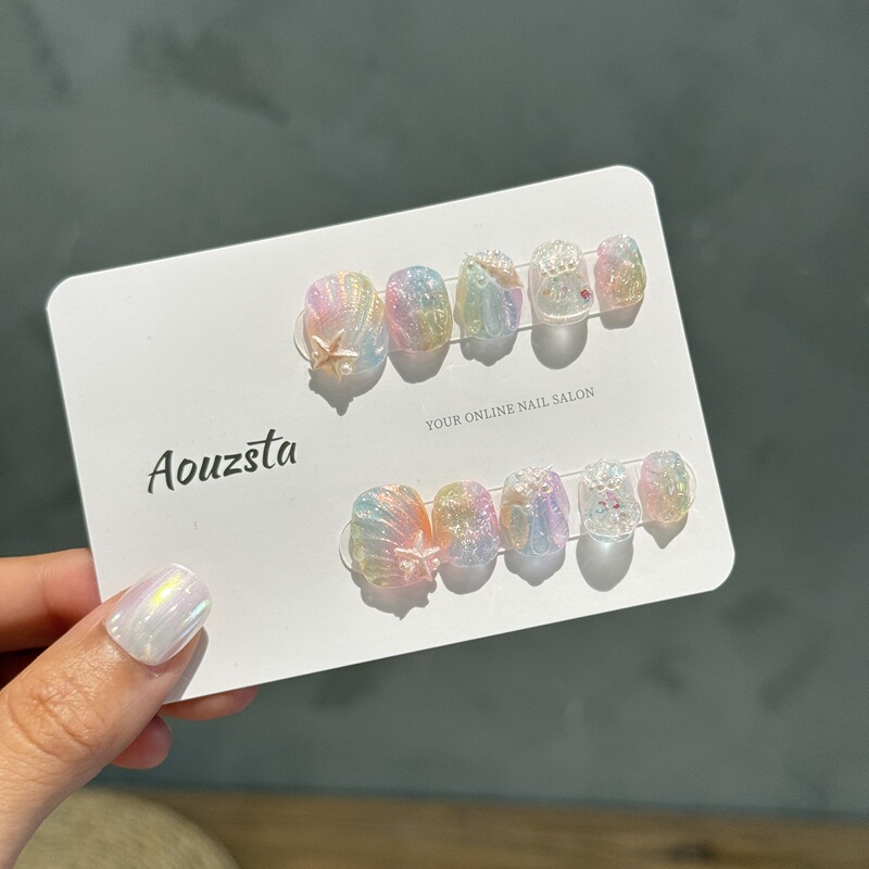 Aouzsta European and American Style Ocean Aurora Rainbow Shell Summer Candy Cute Short Manicure Handmade Wearable Nails Aouzsta European and American Style Ocean Aurora Rainbow Shell Summer Candy Cute Short Manicure Handmade Wearable Nails