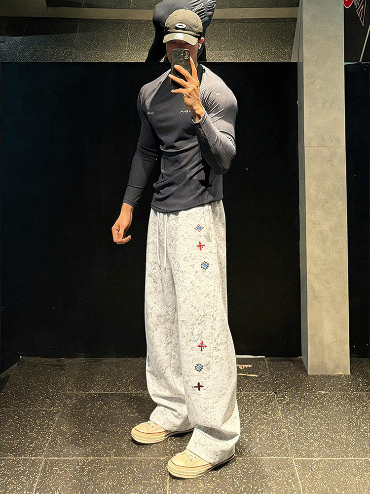 White and Gray American-Style Heavyweight Fleece Sweatpants for Men, Autumn and Winter Tie-Dye Embroidered Pants, Diagonal Cut Fitness Sports Long Pants