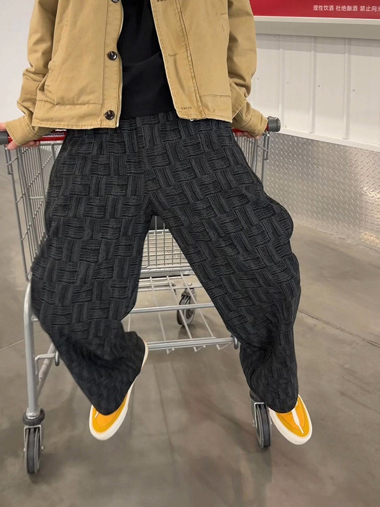 Black Tie-Dye Plaid Pants for Men, Autumn and Winter Heavy Fleece-Lined Curved Hem Sweatpants, Drapey, Non-Tight, Casual Flared Pants