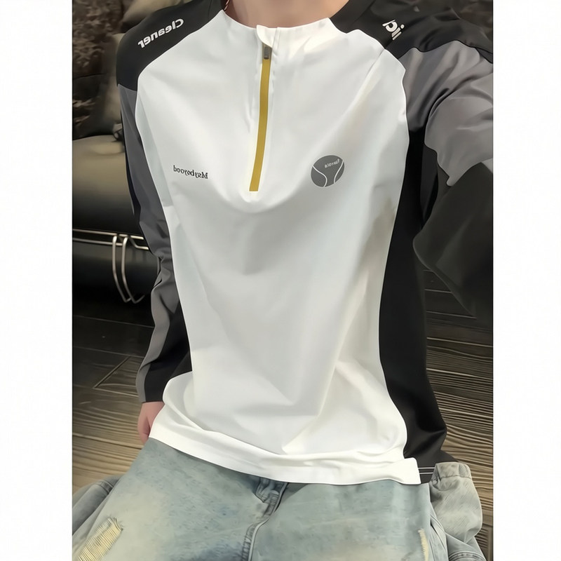 American-Style Color-Blocked Half-Zip Quick-Drying Shirt for Men, Autumn Sports Casual Long-Sleeve T-Shirt, Breathable Training Base Layer Shirt