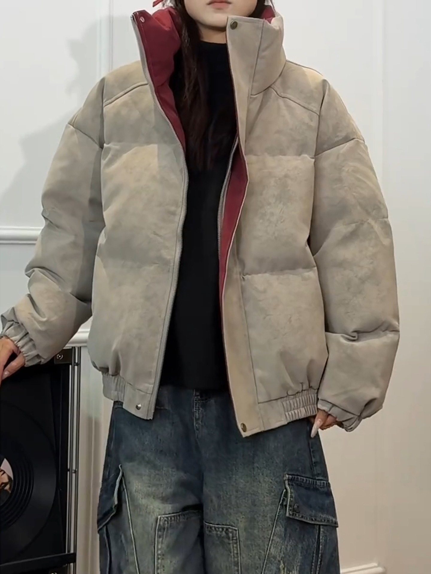 Tie-Dye American-Style Pu Leather down Cotton Jacket for Men, Winter Thickened Warm Cotton Coat, Short Wide Boxy Stand Collar Puffer Jacket