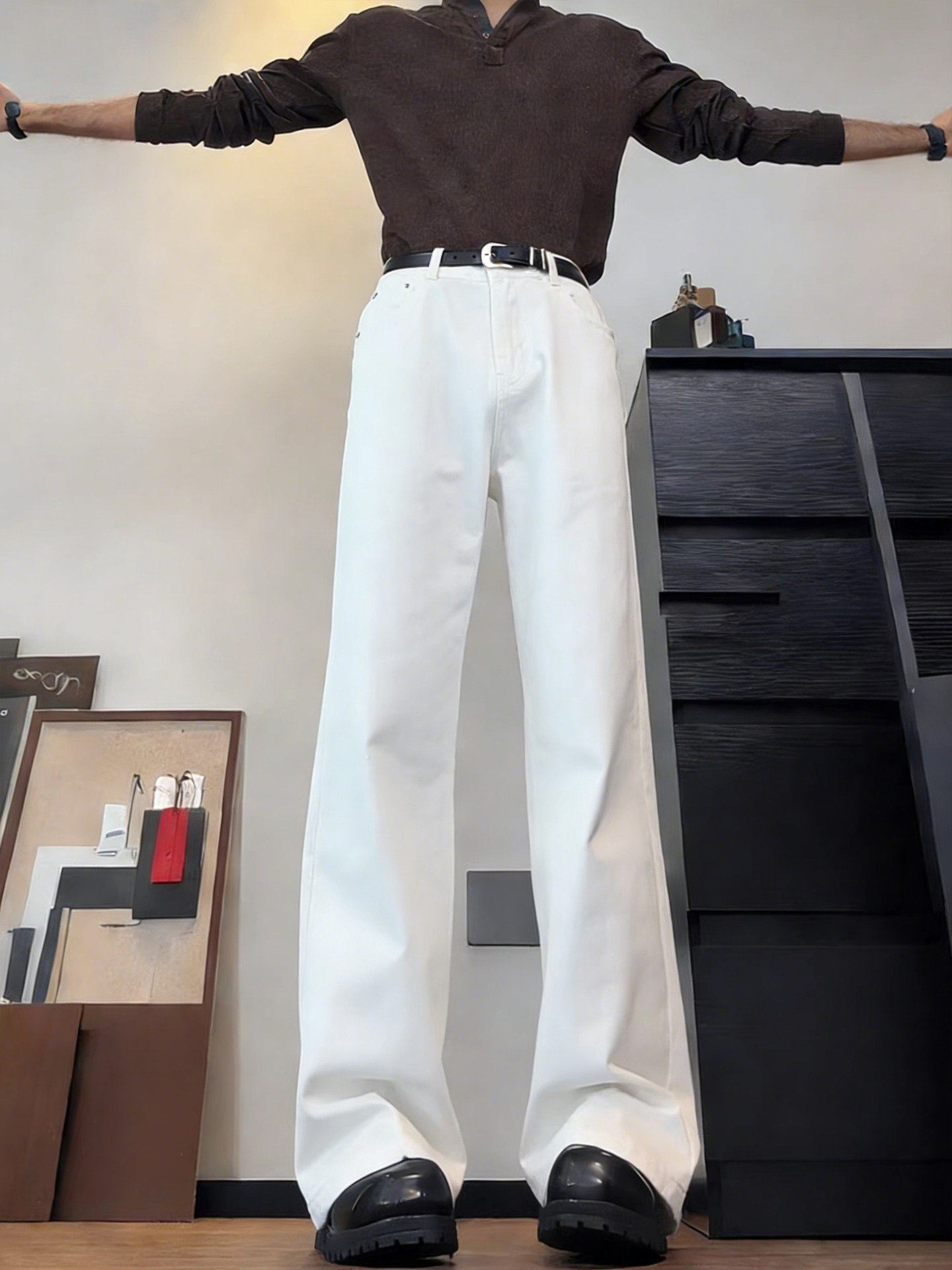 Cleanfit White Fleece-Lined Jeans for Men, Autumn and Winter American High Street Style Pants, Slightly Flared High-Waisted Straight Wide-Leg Pants