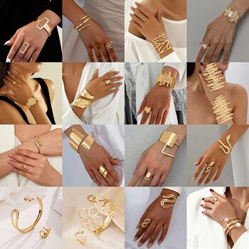 European and american cross-border metal design geometric women's open bracelet ring set exaggerated punk retro temperament jewelry
