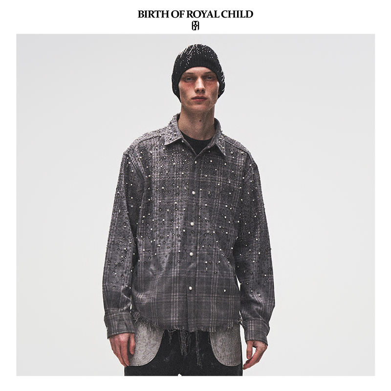 ロイヤルチャイルド誕生。BORC [JJリン風]パールとダイヤモンドのチェック柄メンズシャツ