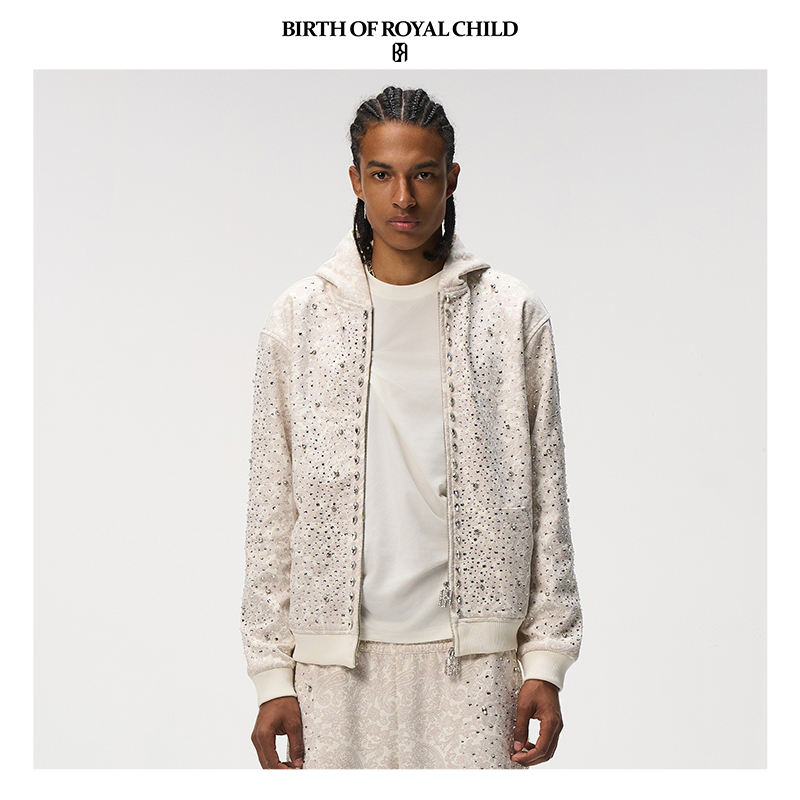 Birth of Royal Child.Borc 【Same Style as Ding Chengxin】Cashew Flower Pearl Zipper Hoodie for Men