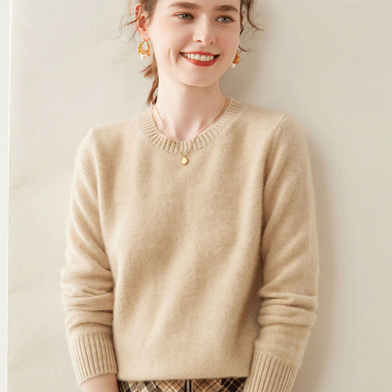 Ordos City Round-Neck 100% Pure Cashmere Sweater for Women, Autumn and Winter Loose-Fitting Slimming Wool Knit Base Sweater