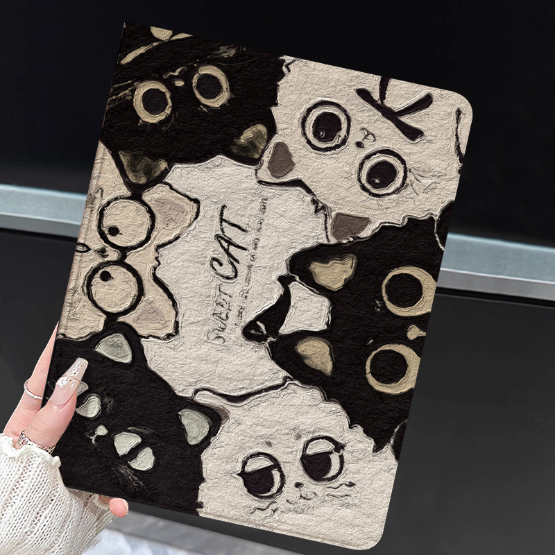 Suitable for iPad Air 8 Tablet Protective Case 2025 Model Mini 7Th Generation Book-Style iPad 9/10 Full-Cover Soft Case Pro 11inch Silk Texture Ninth Generation Tenth Generation Silicone Anti-Drop Black Cat 6
