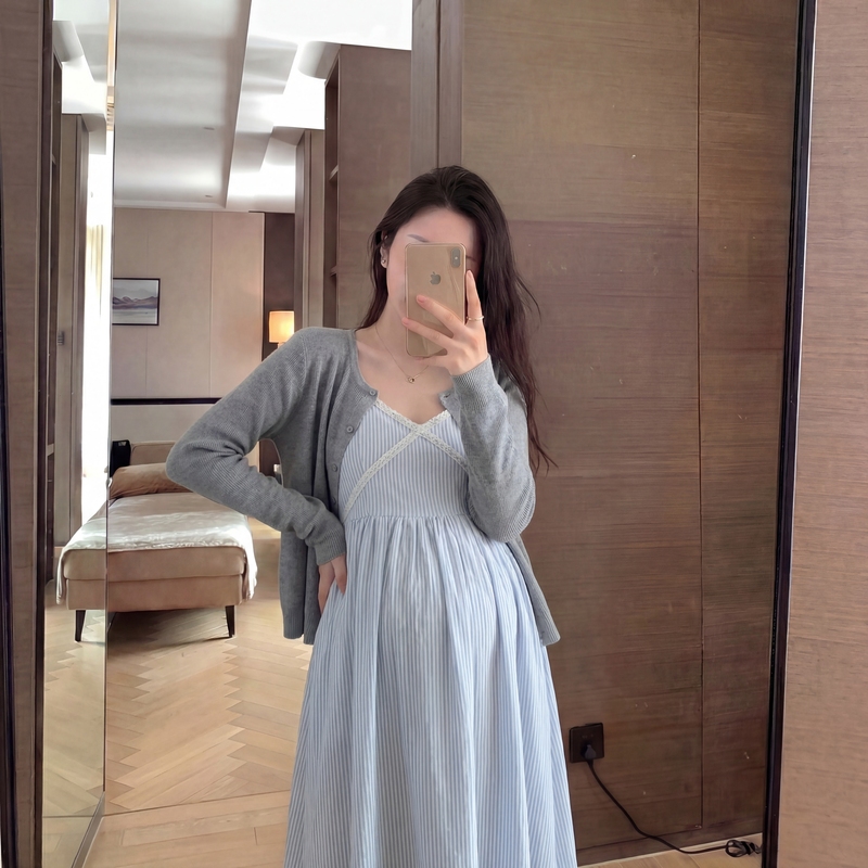 Zhang Ma Maternity Wear Set Spring and Summer Korean Style Fashionable Cardigan Loose Fit Not Revealing Pregnancy Mid-Length Suspender Dress