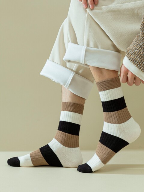 Striped Socks for Men and Women, Pure Cotton, Non-Fading, Non-Stinky, Xinjiang Cotton Long Socks, Simple Double-Needle Autumn and Winter Mid-Calf Socks