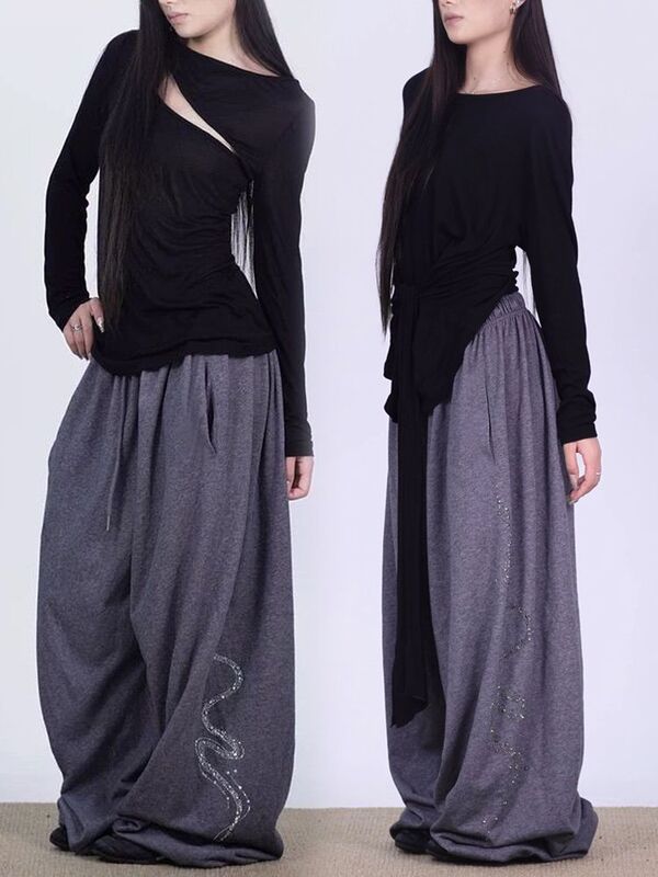 American Retro Design Snake-Pattern Rhinestone Sweatpants for Women, Loose Wide-Leg Jazz Dance Pants for Spring and Autumn