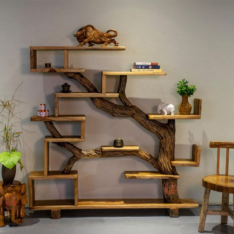 Wabi-Sabi Style Camphor Wood Display Shelf, Chinese-Style Bookshelf, Partition for Tea Room, Vintage Solid Wood Multi-Purpose Shelf, Creative Tree-Shaped Storage Rack