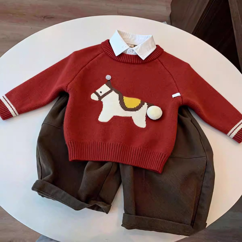 Cartoon Pony Red Sweater for Boys and Girls, New Autumn and Winter Style, Round Neck Pullover Knit Top
