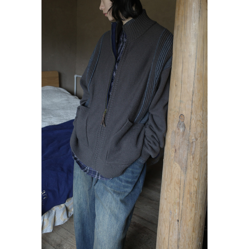 Sunset Flight Mixed Color Jacquard Zipper Jacket Woolen Cardigan