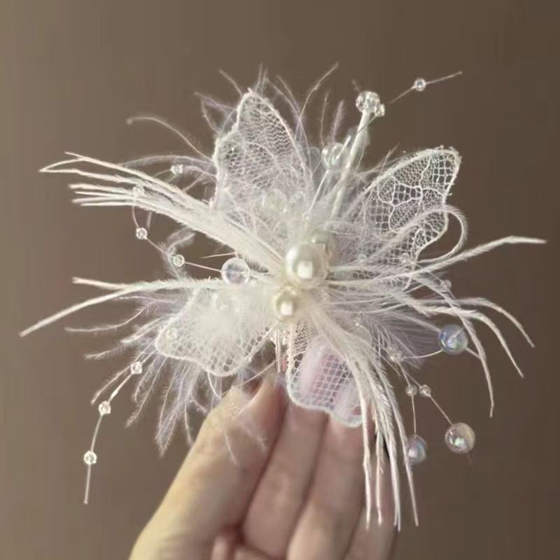 Feather Butterfly Pearl Hairpin with a High-End Feel, Niche Lace Fairy Side Hair Clip for Girls, Ins-Style Fresh Hair Accessory