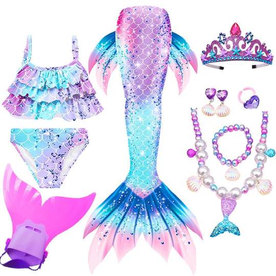 儿童美人鱼尾巴泳衣夏三件套大中小女童公主裙比基尼分体温泉泳装
