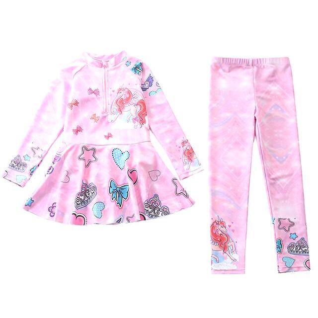 New Style Children's Swimsuit for Girls, One-Piece with Extended Pants, Long-Sleeve, Sun-Protective, Conservative Swimwear, Hot Spring Swimsuit