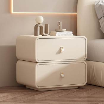 Fully solid wood bedside table creates home modern simple yitang mle square rounded corner light luxury leather room storage cabinet milk