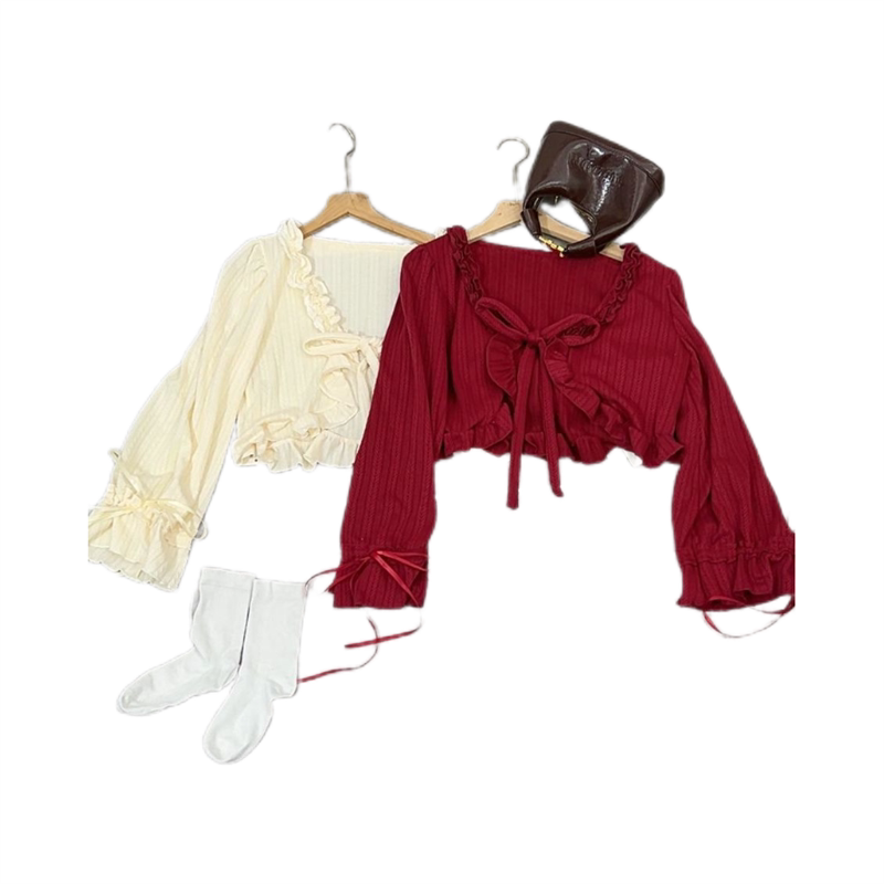Sweet and Cute Hollow Lace Original Short Lolita Style Outerwear with Puff Lantern Sleeves Knitted Cardigan Top Sweet and Cute Hollow Lace Original Short Lolita Style Outerwear with Puff Lantern Sleeves Knitted Cardigan Top