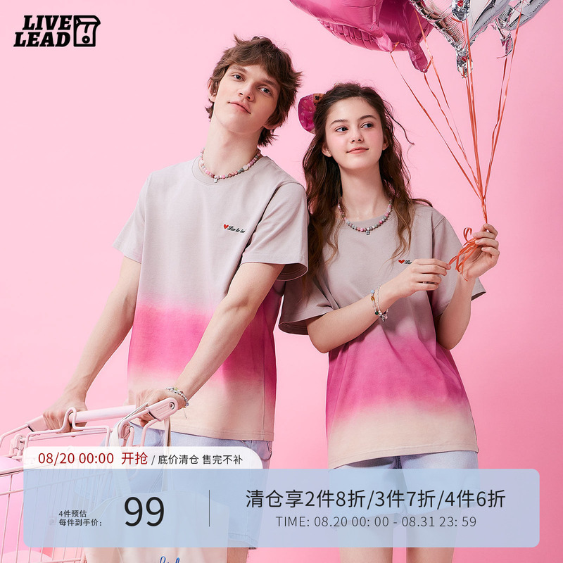 [Clearance] Livetolead Gradient Pink Round Neck T-Shirt Couple Style 2025 Summer Short Sleeve New Creative Top
