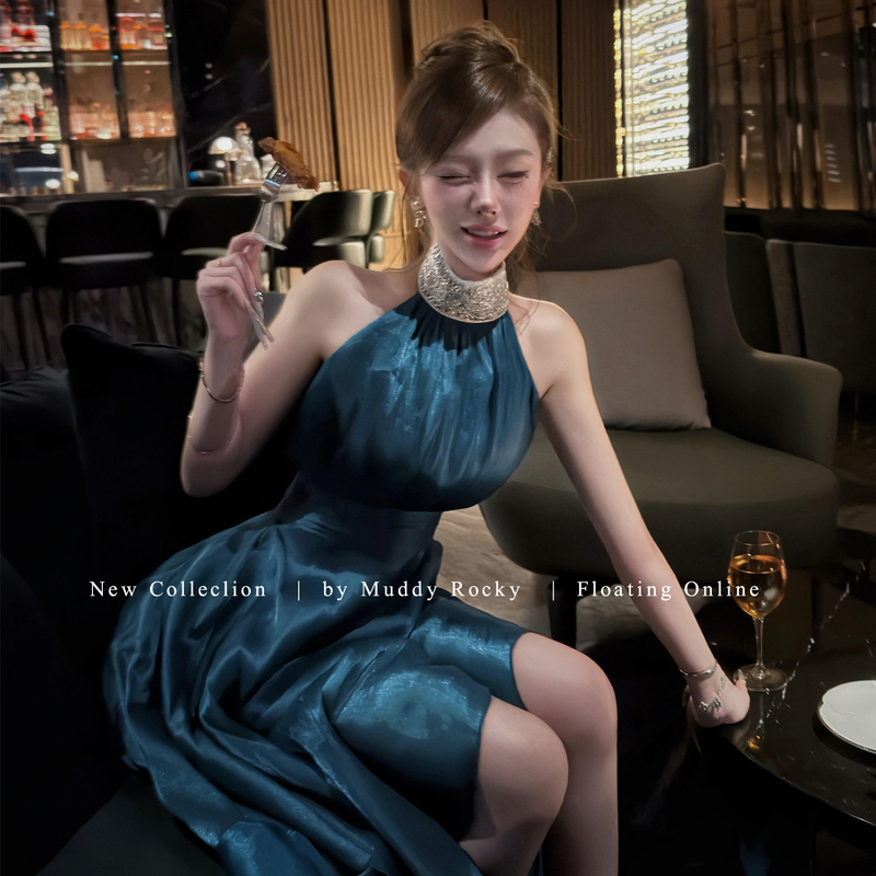 Halter Neck Dress for Women, Elegant and Classy, High-End Party Dress, Blue Satin Birthday Dress, Long Dress Halter Neck Dress for Women, Elegant and Classy, High-End Party Dress, Blue Satin Birthday Dress, Long Dress