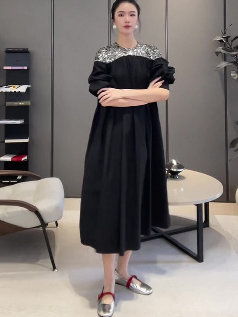 Mijie 2025 New Black Elegant and Slimming Dress for Women, Suitable for Daily Wear and Commuting, Loose and Versatile Long Dress