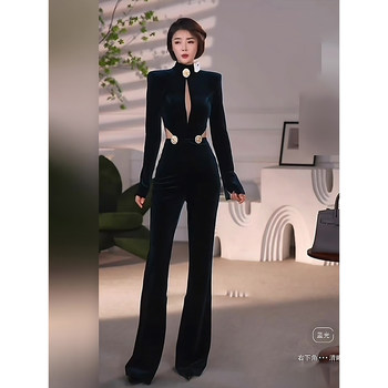 Yijie's Light Luxury and Elegant Style Black Velvet Jumpsuit for Women with Deep V-Neck, Long Sleeves, High Waist, and Slightly Flared Pants, Sexy Jumpsuit