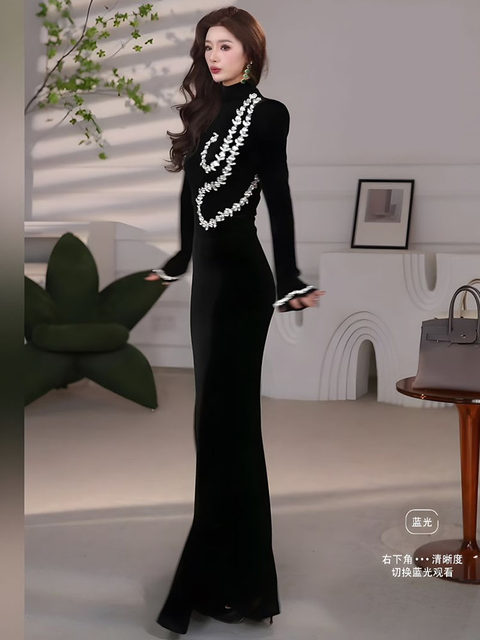 Mijie's New Autumn and Winter Fashion Ladylike Black Diamond Chain Bodycon Dress for Women, Long-Sleeved High-Neck Waist-Cinching Fishtail Long Dress