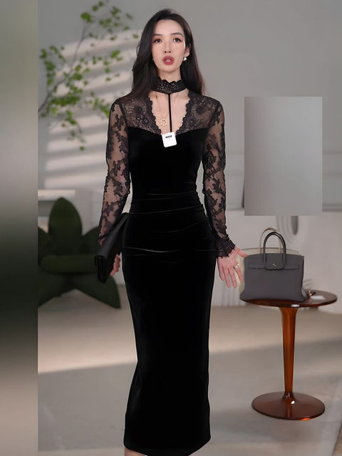 Mijie French-Style Halter V-Neck Lace Patchwork Velvet Dress for Women, Waist-Cinching, Slimming, Slit, Bodycon Long Dress, Sexy