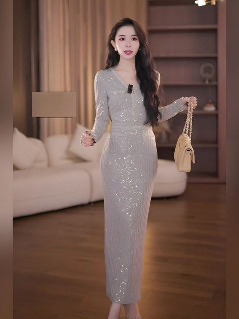 Mijie 2025 Autumn New Fashionable Apricot V-Neck Slim Waist Dress Women's Elegant High-End Slimming Mid-Length Dress