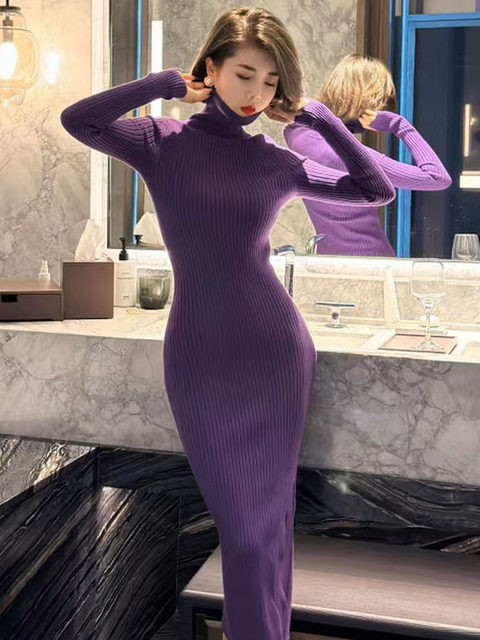 Mijinge's Mature and Simple Style High-Neck Knitted Dress for Women in Purple, Slim-Fitting, Hip-Hugging Long Dress with an Elegant and Mature Vibe That Makes You Look Slimmer