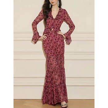 Mijie's 2025 Autumn New Stylish Red Maple Print Suit Dress for Women, Elegant and Slimming Two-Piece Set