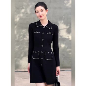 Mijie 2025 Autumn New Stylish Black Chanel-Style Knitted Dress for Women, Elegant and Slimming Mid-Length Dress