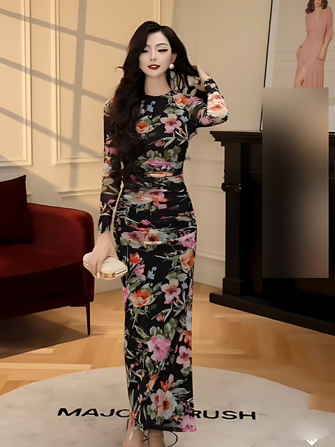 Mijie 2025 Summer New Women's Black Printed Long-Sleeved Dress, Elegant and Flattering, Waist-Cinching and Slimming Dress